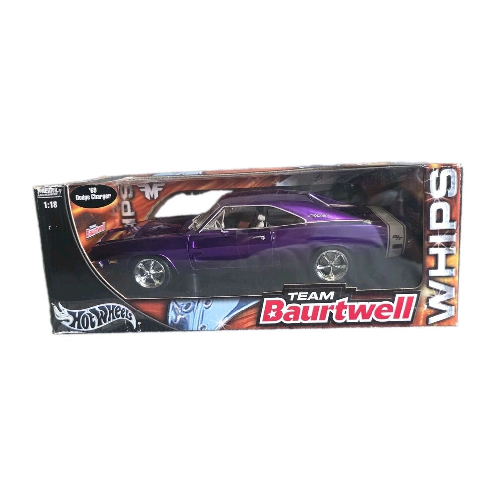 Hot Wheels 1:18 Scale Whips Team Baurtwell 1969 Dodge Charger R/T Purple In Box